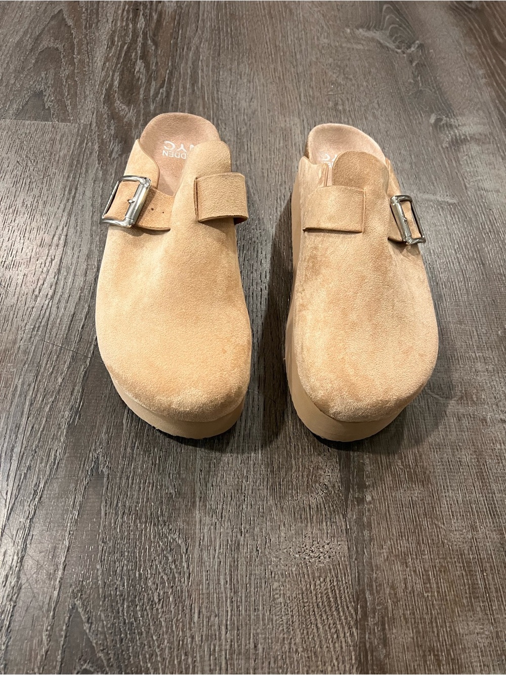 Suede Slip-On Clogs with Buckle Detail - Beige